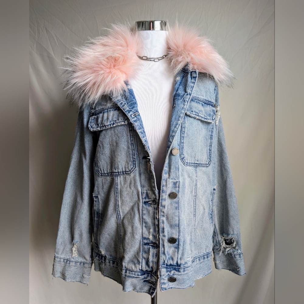 Blank NYC Denim Jacket w/ Pink Faux Fur Collar
